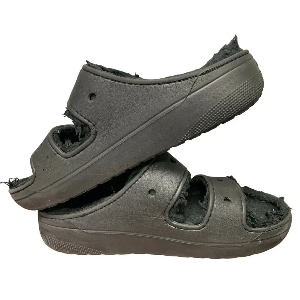 Crocs Mens 11 Womens 13 Black Fuzzy Inside Slide On Classic Cozzzy Sandal Shoes